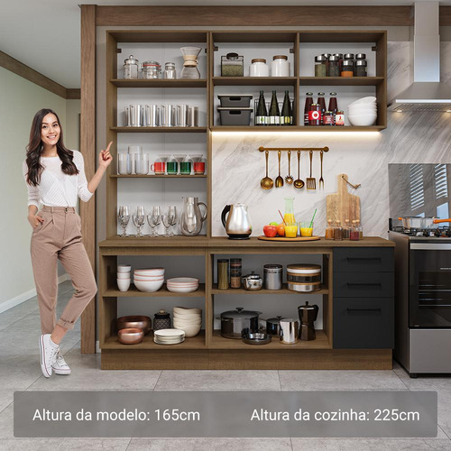 Armário Cozinha Completa 190cm Cristaleira Agata Madesa 01 Cor Rustic/Preto