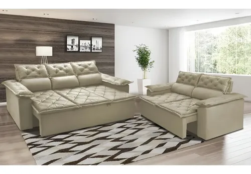Conjunto De Sofá 3 E 2 Lugares Retrátil E Reclinável Cama Inbox Compact 2,00x1,50m Velusoft Bege