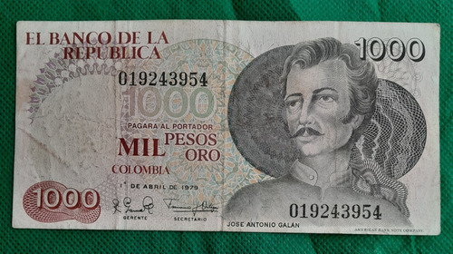 Billete De 1000 Pesos Galan, Unica Fecha Estado 6.5 Manchas