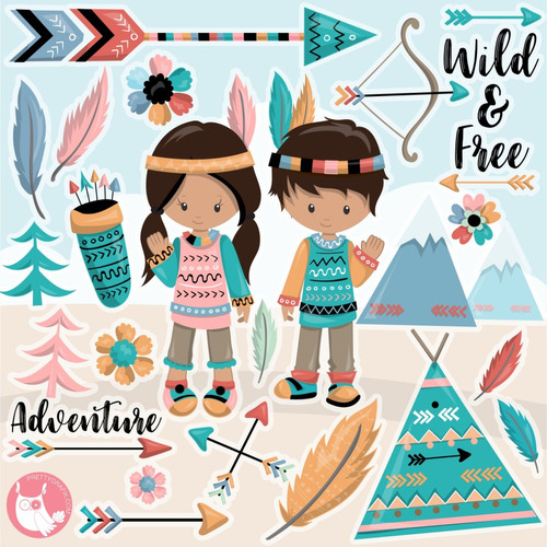 Kit Imágenes Digitales Boho Indios Niños Tribal Kids