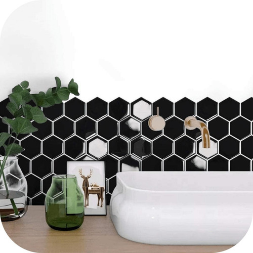 Telha cerâmica autoadesiva de vinil hexagonal preto Muresco