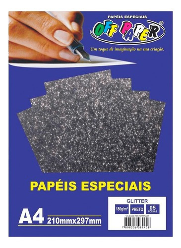 Papel Glitter A4 Preto 180g 5 Folhas Off Paper