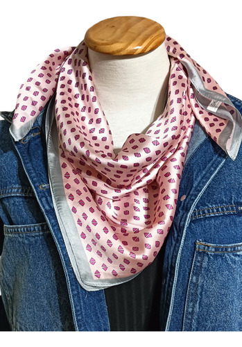 Pañuelo Mc'maru 70x70 Cuadrado 3 En 1 Seda Rosa Triángulos Único
