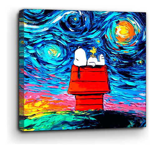 Cuadro Canvas Noche Estrellada Snoopy En Su Casa  55x55 Cm