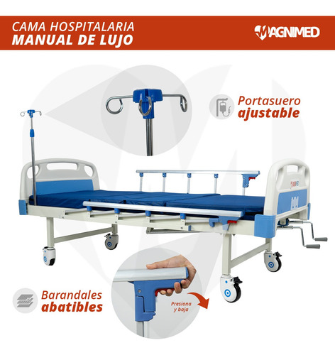 Cama Hospitalaria Manual C/ Porta Suero, Colchón Y Mesa