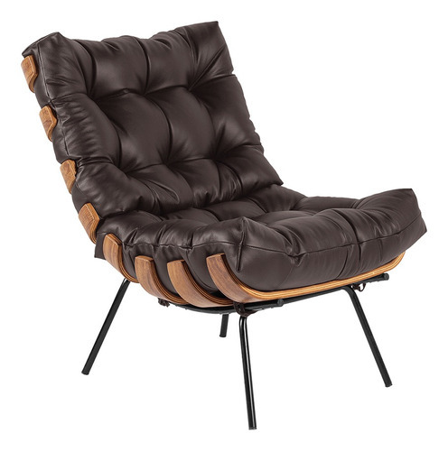 Kit 02 Poltronas Giratória Costela Couro Marrom Base Madeira