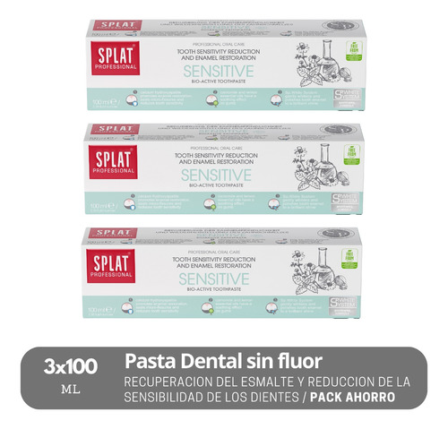 Pack 3 Pastas Dentales Sin Fluor Splat Sensitive 100ml