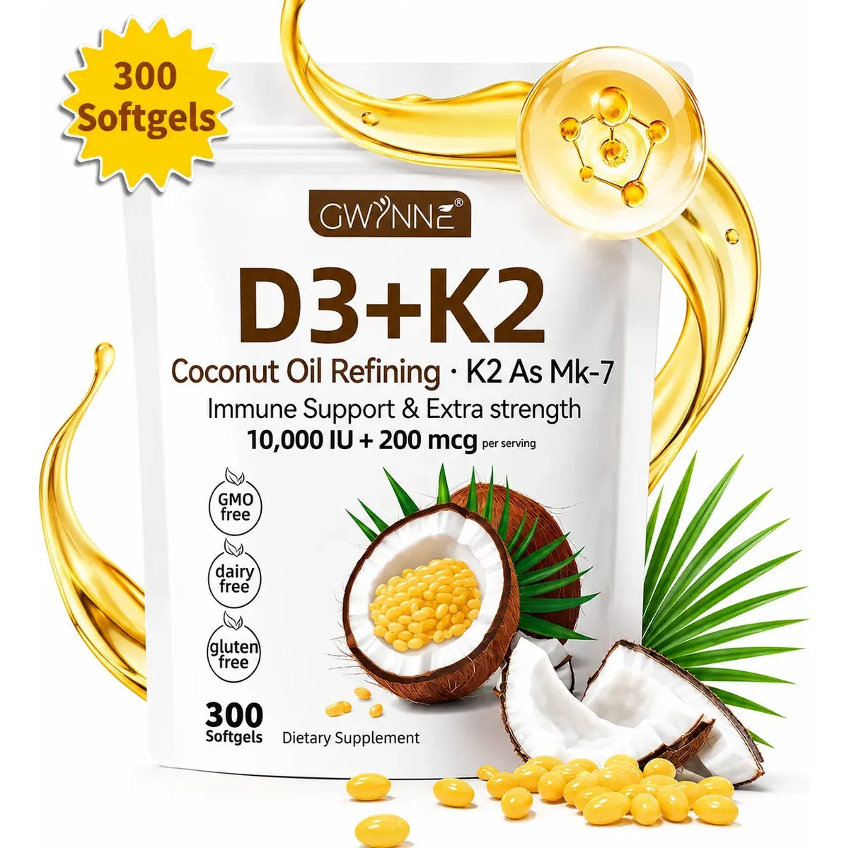 Gwynne Vitamina D3 10.000ui + K2 Mk-7 200mcg,300 cápsulas,2 En 1 Aceite De Coco Virgen,apoyo Oseo,inmunoldgico Y Cardiaco