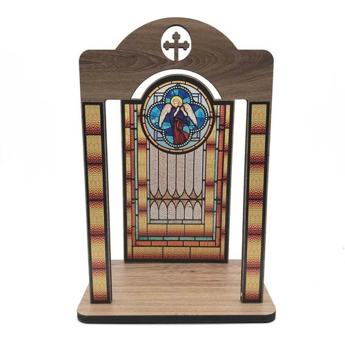 Oratório De Madeira Mdf Imagem De Santo Vitral Anjo Cor Marrom-claro
