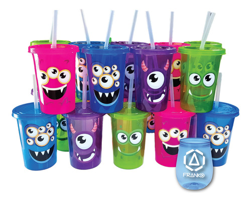 Vasos Decorados Monstruo 20 Pzas Reusable Con Popote