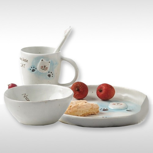 Vajilla Cerámica Plato Taza Decoración Gato Blanco Para Niño