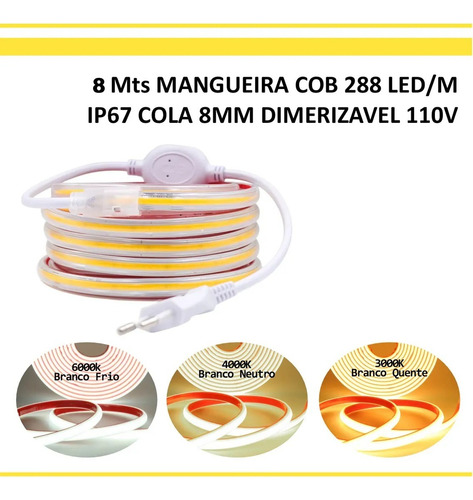 08mts Mangueira Fita Led Cob 2835 Ip67 Cola 8mm Dimmerizavel