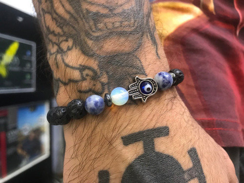 Pulseira Masculina Pedra Vulcânica Olho Grego Sodalita Lua Comprimento 19 Cm Diâmetro 8 Cm