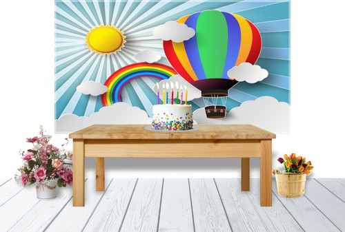 Painel Lona Festa Infantil 3x1,7m Nuvens, Balões E Arco Íris Cor Colorido