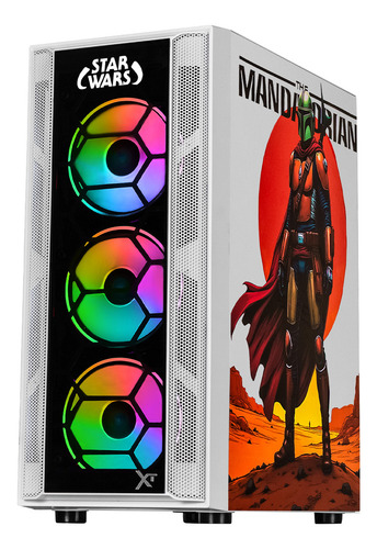 Gabinete Gamer Xtreme Pc Gaming Mandalorian Comic Edition Media Torre Atx 600w 4 Fan Argb Cristal Templado Blanco