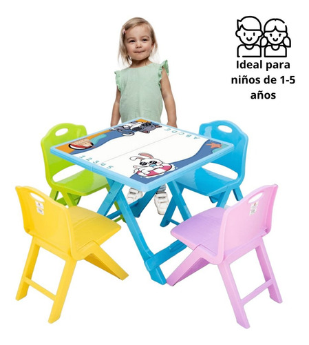 Mesa Infantil Plegable 4 Sillas De Colores Para Niños Dibujo