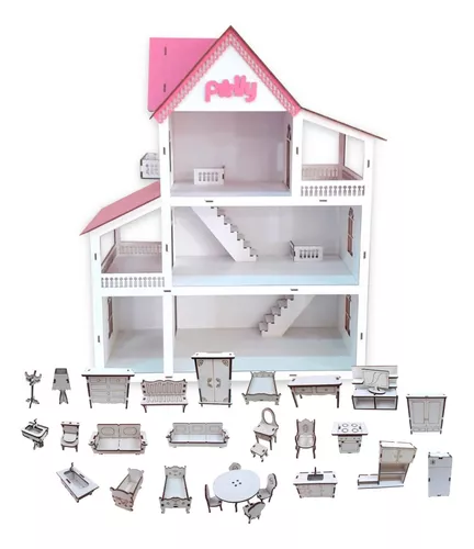 Kit Casinha Casa De Boneca + 30 Moveis Em Mdf Pintado