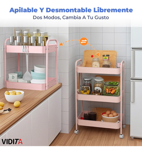 Carrito Organizador Metal 3 Niveles Ruedas Bloqueables Rosa Rosa