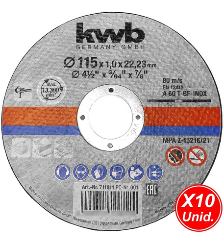 Pack 10 Disco Corte 115 X 1mm Kwb Acero Amoladora 4 1/2''