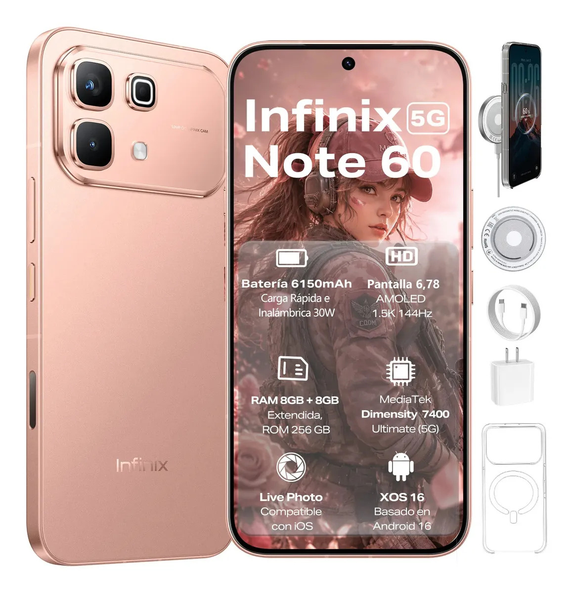 Celular Infinix Note 60 5G 16GB RAM: 8GB+8GB Extendible 256GB ROM, 6,78'' AMOLED 144Hz 1.5K, 6150mAh 30W Inalámbrica 45W Carga Rápida, Ai Smartphone Dual SIM, Cámara 50MP+13MP Live Photo, Oro Rosa