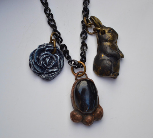 Collar Boho Con Piedra Obsidiana Negra, Flor, Conejo, Cod1