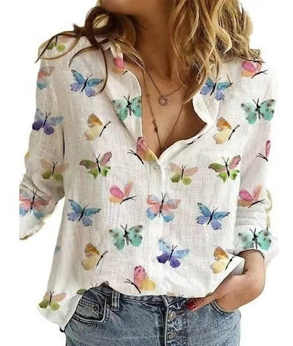 Camisa De Mujer De Algodón Y Lino Con Estampado De Mariposas