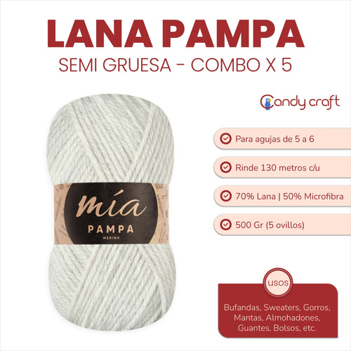 Lana Semi Gruesa Pampa 5 Ovillos - Rinde 650 Mts -total 500g