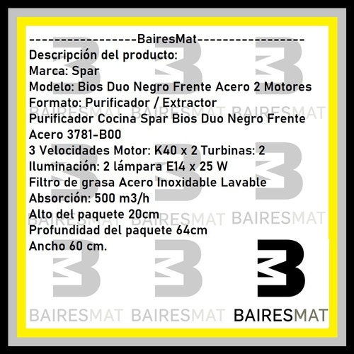 Imagen 4 de 6 de Purificador Cocina Spar Bios Duo 60cm Negro Acero Con Salida