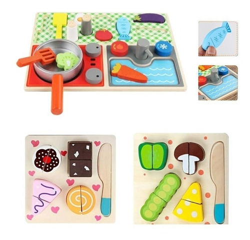 3 Puzzles Rompecabezas Juguete Cocina De Madera Niñas 