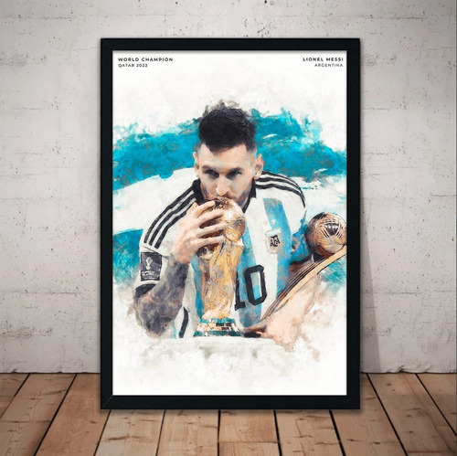 Cuadro Lionel Messi 51x36 Marco Madera Vidrio Poster Lm12