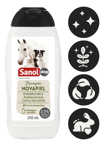 Shampoo Novapiel Sanol Dog 250ml Para Cães Gatos e Cavalos.