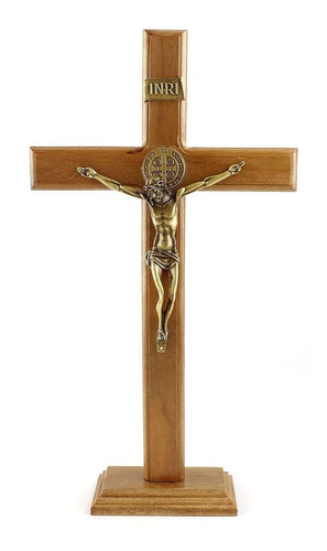 Imagem 1 de 7 de Crucifixo Medalha São Bento Parede/mesa, Madeira Metal 36cm