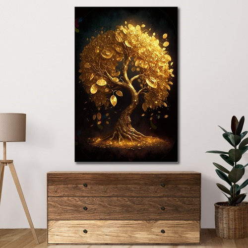 Cuadro Decorativo Arbol De  Riqueza Dorado Canvas 60x90 R3