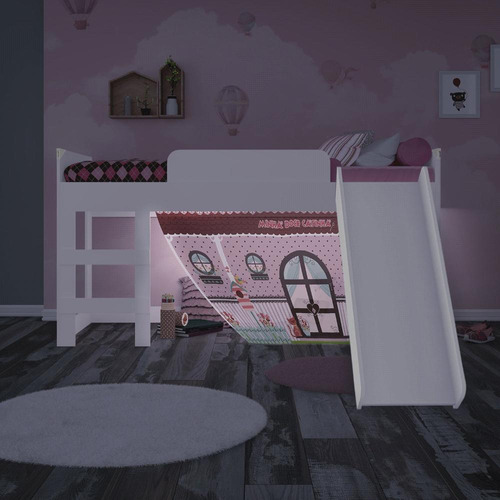 Cama Com Escada Joy Cortina Doce Casinha E Led Branco