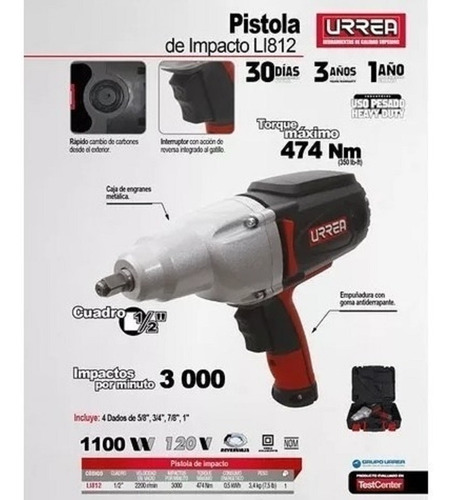 Pistola De Impacto Electrica 1/2 1100 W 3000 Gp Urrea Li812