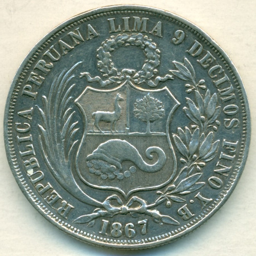 Perú Moneda De Plata Tamaño Corona Sol 1867/57 Y.b # 196.1