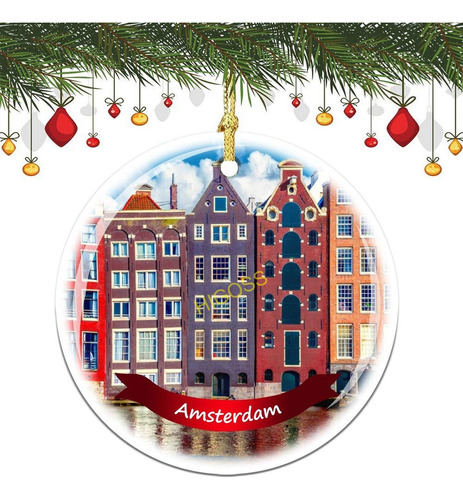 Adorno Navidad Colgante Arbol Amsterdam Porcelana Doble Cara