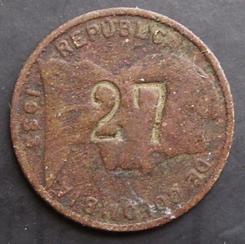 Ficha Token 1933 Vintage  Colombia Resello 1 Centavo 1933