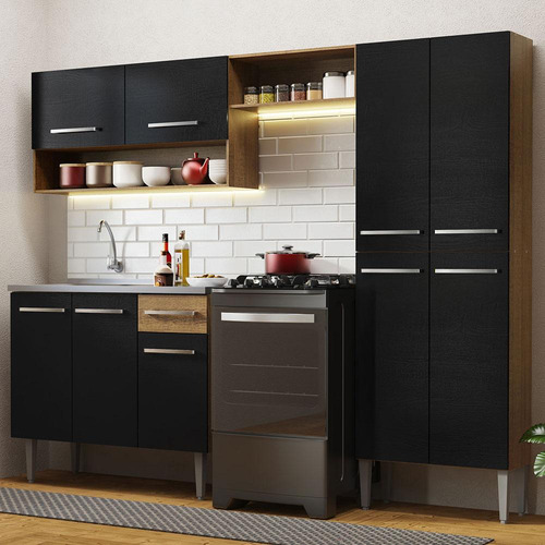 Armário De Cozinha Compacta 229cm Com Pia Emilly Madesa 10 Cor Rustic/Preto