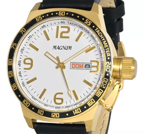Relógio Masculino Dourado Pulseira De Couro Magnum Ma31542b