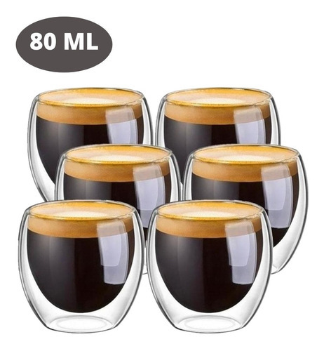 Kit 6 Copo Xícara Vidro Borossilicato Parede Dupla Café 80ml Cor Transparente