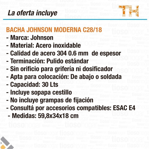 Bacha Doble Cocina Johnson C28/18 Acero 304 Sin Interes