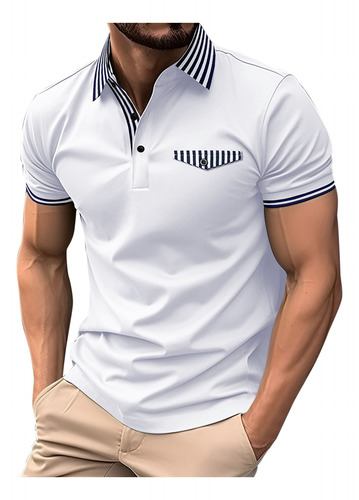 Camiseta Casual Con Botones Y Parche De Manga Corta Para Hom
