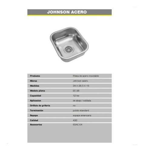Bachas Ee28 De Acero Inoxidable De Johnson Linea 430 Piletas