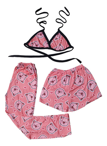 Pijama De Mujer 3 Piezas Short Pantalon Y Top Gatitos Dama