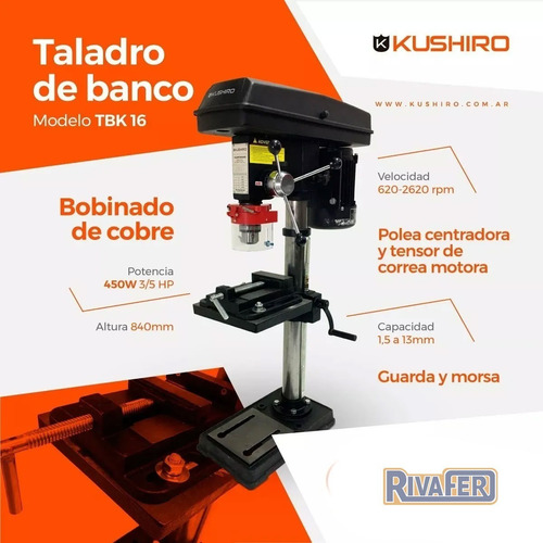 Imagen 5 de 10 de Taladro De Banco 13mm 350w C/ Morsa + Guarda Kushiro Tbk13