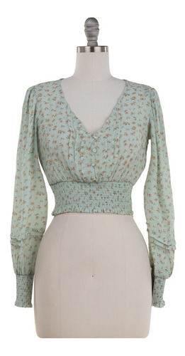 Imagen 2 de 7 de Blusa Corta Floral Manga Larga Botones Romantica Fresca.