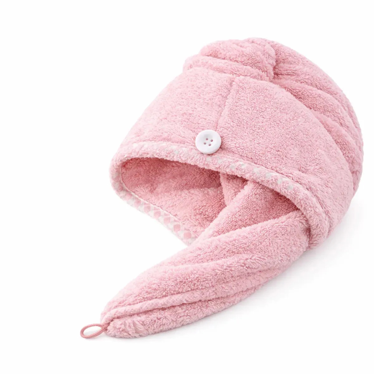 Toalha De Cabelo Microfibra Turbante Secagem Rápida Anti Frizz Touca Feminina Pós Banho Com Botão Super Absorvente - Rosa
