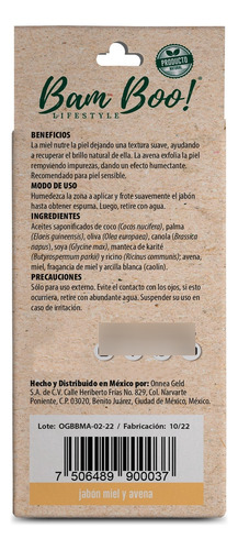 Jabón Artesanal Natural Miel Avena 100 G Bam Boo! Lifestyle