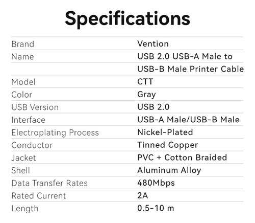 Cabo Reforcado Usb 2.0 Para Usb B Impressora 10m Vention
